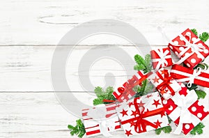 Christmas decoration red white gift boxes wooden background