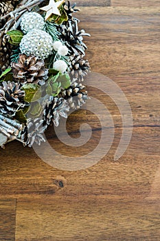 Christmas decoration on a rustic brown wooden background