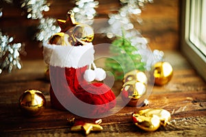 Christmas decoration with Santa's boot and Christmas tree balls