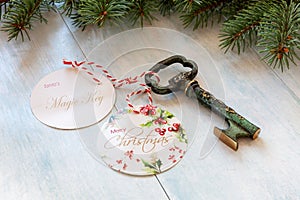 Christmas decoration - Santa`s Magic Key. Close-up on light blue