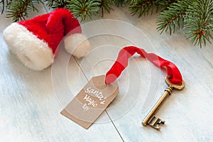 Christmas decoration - Santa`s Magic Key and Santaâ€™s hat. Clos