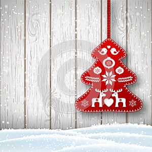 Christmas decoration in scandinavian style, red rich decorated tree in front of white wooden wall, illustration