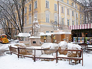 Christmas decoration scene on snowy Market square