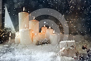 Christmas decoration in snowy winter night