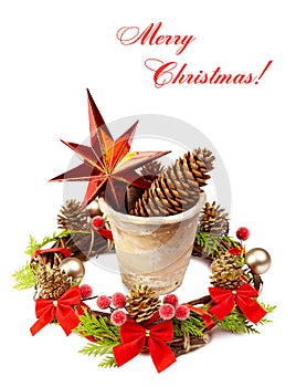 Christmas decoration (stars,pine cone, old pot and Christmas wreath) isolated on a white background