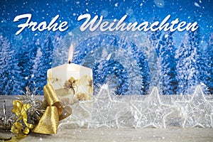 Christmas decoration with text in German `Frohe Weihnachten`