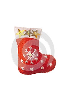 Christmas decoration toy for tree red felt boot with snowflakes, isolated