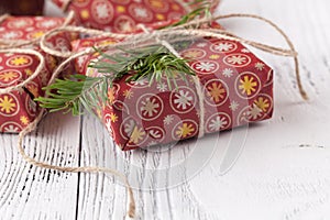 Christmas decoration, toys and ornaments. Red stars, baubles, ribbons. Holidays background.
