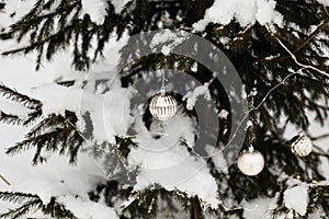 Christmas decoration on the tree in the garden. tree decorated with gold decor and a garland under fresh snow. christmas mood