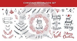 Christmas decoration vector hand drawn set. Set doodle festive laurels and brunches, wreath for Christmas, New Year