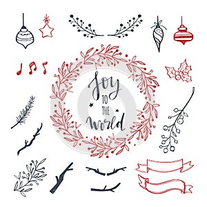 Christmas decoration vector hand drawn set. Set doodle festive laurels and brunches, wreath for Christmas, New Year
