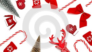 Christmas decoration white background. Stocking, gifts, winter tree, ribbon and bow in shape frame on white background for