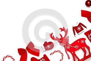 Christmas decoration white background. Stocking, gifts, winter tree, ribbon and bow in shape frame on white background for