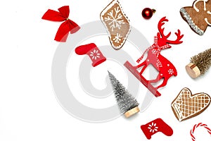 Christmas decoration white background. Stocking, gifts, winter tree, ribbon and bow in shape frame on white background for