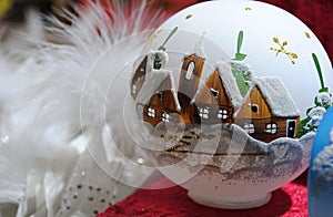 Christmas decoration - white glass flask with painted houses and church