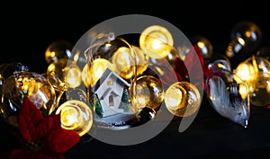 Christmas Decoration White House inside Glass Between Lights Bulb and Red Poinsettia