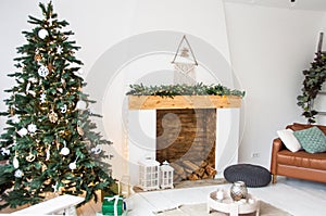 Christmas decoration for white living room with fireplace and christmas tree,interior design