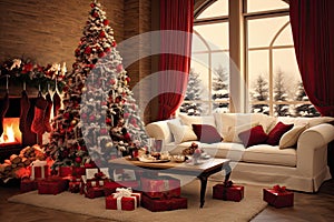 Christmas decoration in white living room. Xmas festive white interior. Generative AI.
