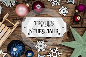 Christmas Decoration With White Sign With German Text Frohes Neues Jahr