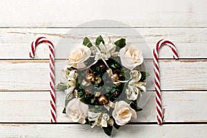 Christmas decoration on white wooden table with copy space for your text