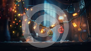 Christmas decoration on window. Burning candles and festive garland. New Year festive glowing decoration. Concept of cozy home in