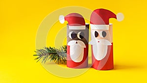 Christmas decoration for winter season. Holiday easy DIY craft idea for kids. Toilet paper roll tube toy. Santa snowman