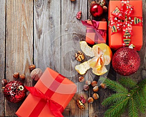 Christmas decoration on wooden background.