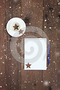 Christmas decoration wooden background. Card concept. Closeup. Top view. Flat lay. Copy space