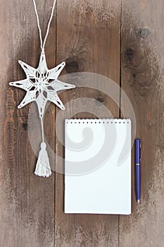 Christmas decoration wooden background. Card concept. Closeup. Top view. Flat lay. Copy space