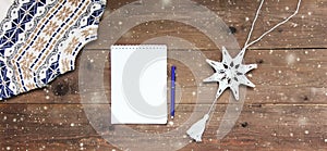 Christmas decoration wooden background. Card concept. Closeup. Top view. Flat lay. Copy space