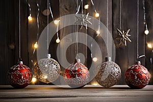 Christmas decoration on wooden background. Stars, lights, christmas balls. AI generated