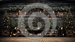 Christmas decoration in a wooden cabin with wooden walls