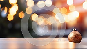 Christmas decoration on wooden table in front of blurred lights bokeh background