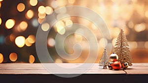 Christmas decoration on wooden table in front of defocused lights background .