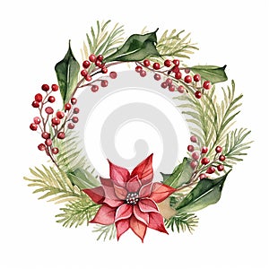 Christmas decoration wreath, evergreen branche, pine, red flower and berry. Watercolor illustration