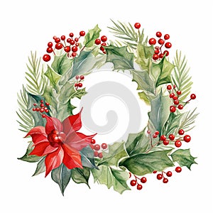 Christmas decoration wreath, evergreen branche, pine, red flower and berry. Watercolor illustration