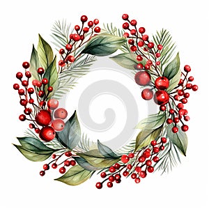 Christmas decoration wreath, evergreen branche, pine, red flower and berry. Watercolor illustration