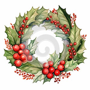 Christmas decoration wreath, evergreen branche, pine, red flower and berry. Watercolor illustration