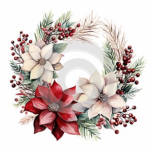 Christmas decoration wreath, evergreen branche, pine, red flower and berry. Watercolor illustration