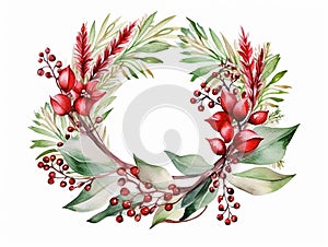 Christmas decoration wreath, evergreen branche, pine, red flower and berry. Watercolor illustration