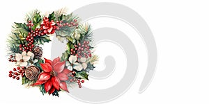 Christmas decoration wreath, evergreen branche, pine, red flower and berry. Watercolor illustration