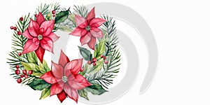 Christmas decoration wreath, evergreen branche, pine, red flower and berry. Watercolor illustration