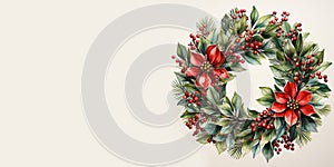 Christmas decoration wreath, evergreen branche, pine, red flower and berry. Watercolor illustration