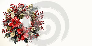 Christmas decoration wreath, evergreen branche, pine, red flower and berry. Watercolor illustration