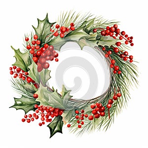 Christmas decoration wreath, evergreen branches, pines, red berries. Watercolor illustration