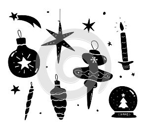 Christmas decoration and xmas ornaments in cute flat style. Black and white illustration.
