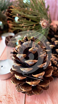 Christmas decorations background, Christmas set, Christmas fir free, wood and pinecone, candles