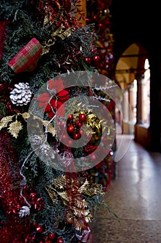 Christmas decorations on a background of a gallery