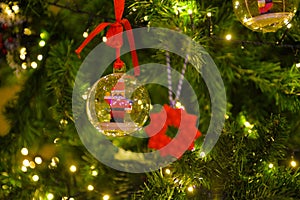 Christmas Decorations, Ball with Lego Santa Claus, Xmas Tree Lights, Blurred Red Lego Ice Flake