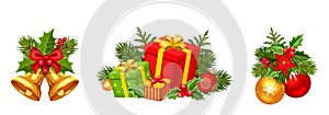 Christmas decorations with balls, bells and gift boxes. Vector illustration. photo